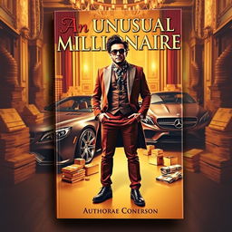 A captivating book cover featuring a charismatic and unconventional millionaire standing confidently in a lavish, extravagant setting