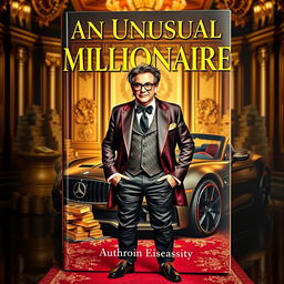 A captivating book cover featuring a charismatic and unconventional millionaire standing confidently in a lavish, extravagant setting