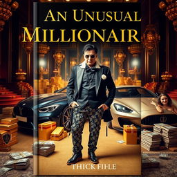 A captivating book cover featuring a charismatic and unconventional millionaire standing confidently in a lavish, extravagant setting