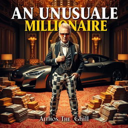 A captivating book cover featuring a charismatic and unconventional millionaire standing confidently in a lavish, extravagant setting