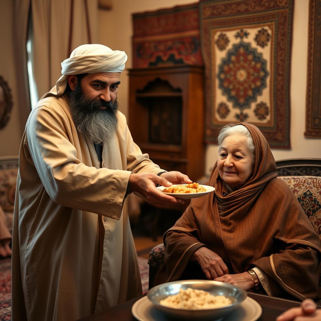 A bearded Muslim man, with a kind expression, wearing traditional ancient attire, attentively serving his elderly parents