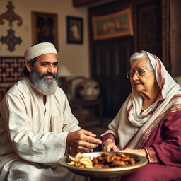 A bearded Muslim man, with a kind expression, wearing traditional ancient attire, attentively serving his elderly parents