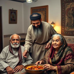 A bearded Muslim man, with a kind expression, wearing traditional ancient attire, attentively serving his elderly parents