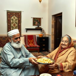 A bearded Muslim man, with a kind expression, wearing traditional ancient attire, attentively serving his elderly parents