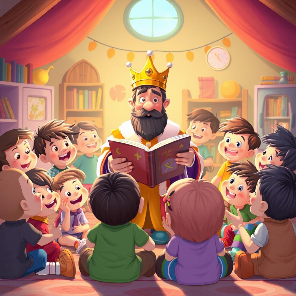 A kindergarten storytelling king competition, illustrated in Pixar's style