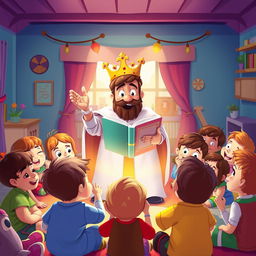 A kindergarten storytelling king competition, illustrated in Pixar's style