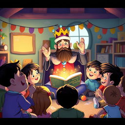 A kindergarten storytelling king competition, illustrated in Pixar's style