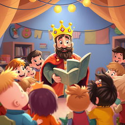 A kindergarten storytelling king competition, illustrated in Pixar's style