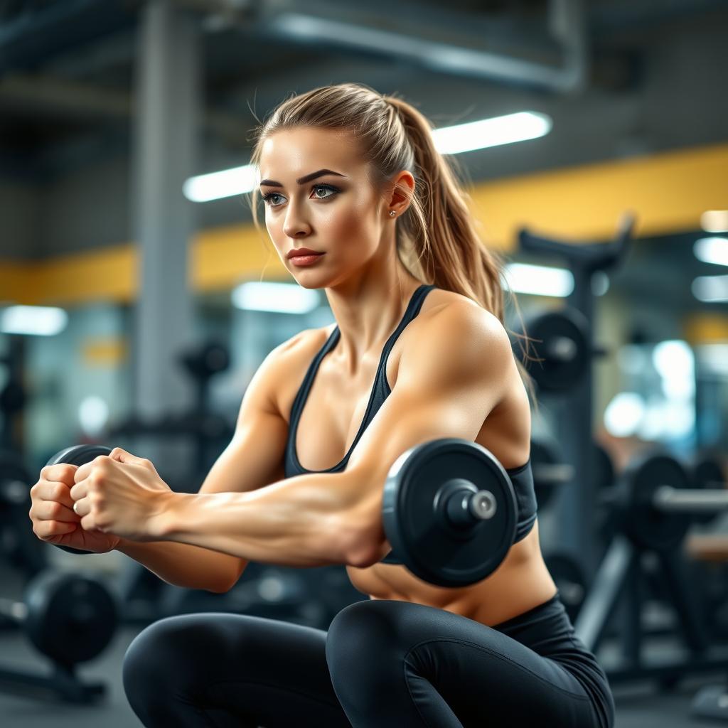 A fit and athletic young woman performing squats in a gym environment