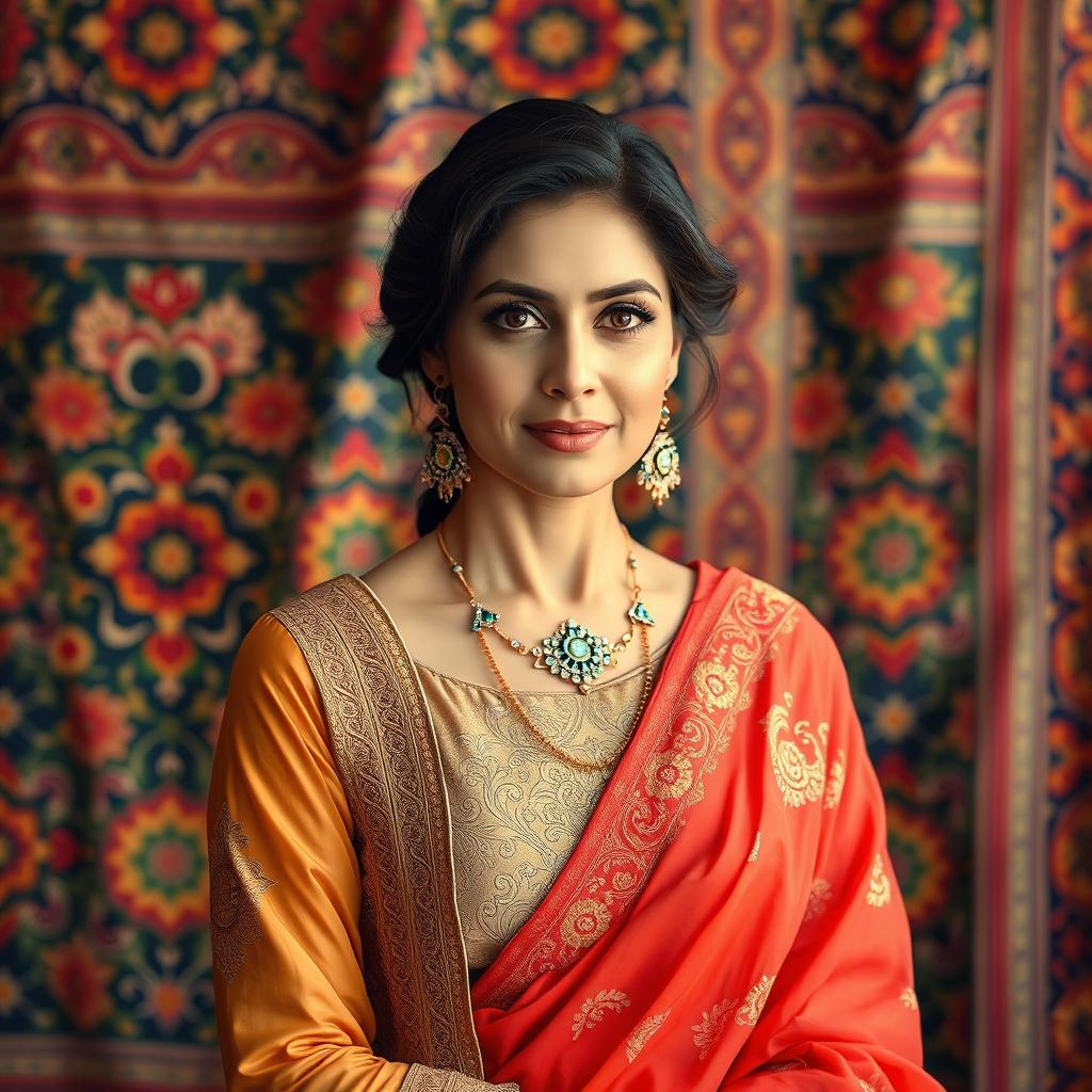 A beautiful, mature Pakistani woman with elegant traditional attire, showcasing her grace and poise