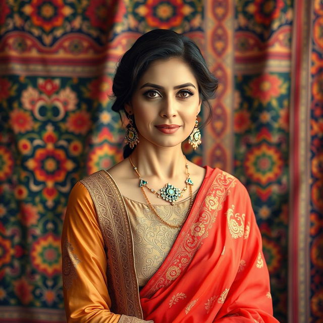 A beautiful, mature Pakistani woman with elegant traditional attire, showcasing her grace and poise