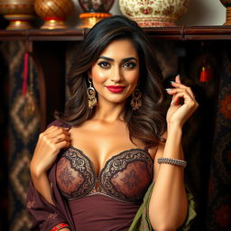 A mature and attractive Pakistani woman, posed elegantly in fashionable attire that includes a stylish bra and showcases her confidence and grace