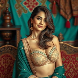 A mature and attractive Pakistani woman, posed elegantly in fashionable attire that includes a stylish bra and showcases her confidence and grace