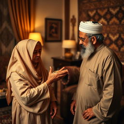 A bearded Muslim man wearing traditional, vintage attire serves his elderly, veiled mother and father