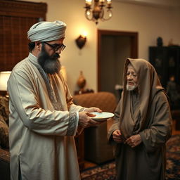 A bearded Muslim man wearing traditional, vintage attire serves his elderly, veiled mother and father