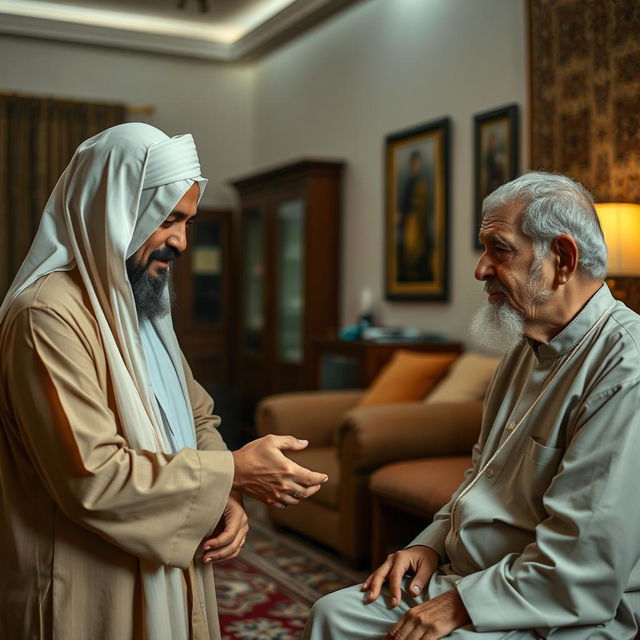 A bearded Muslim man wearing traditional, vintage attire serves his elderly, veiled mother and father