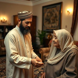 A bearded Muslim man wearing traditional, vintage attire serves his elderly, veiled mother and father