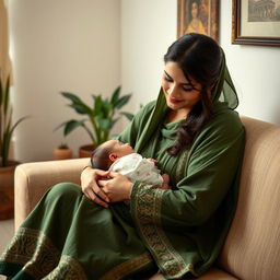 A Pakistani woman breastfeeding in a serene and nurturing environment, dressed modestly in traditional attire