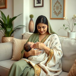 A Pakistani woman breastfeeding in a serene and nurturing environment, dressed modestly in traditional attire