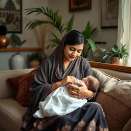 A Pakistani woman breastfeeding in a serene and nurturing environment, dressed modestly in traditional attire