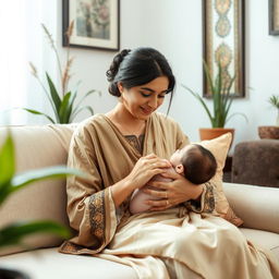 A Pakistani woman breastfeeding in a serene and nurturing environment, dressed modestly in traditional attire