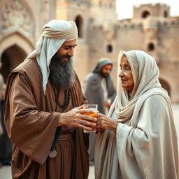 A bearded Muslim man, wearing traditional ancient attire, kindly serving his elderly mother who is modestly veiled