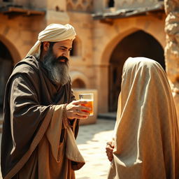 A bearded Muslim man, wearing traditional ancient attire, kindly serving his elderly mother who is modestly veiled