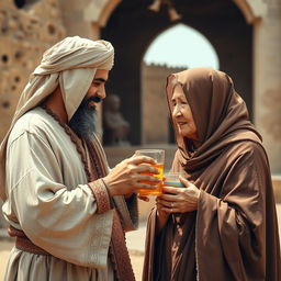 A bearded Muslim man, wearing traditional ancient attire, kindly serving his elderly mother who is modestly veiled