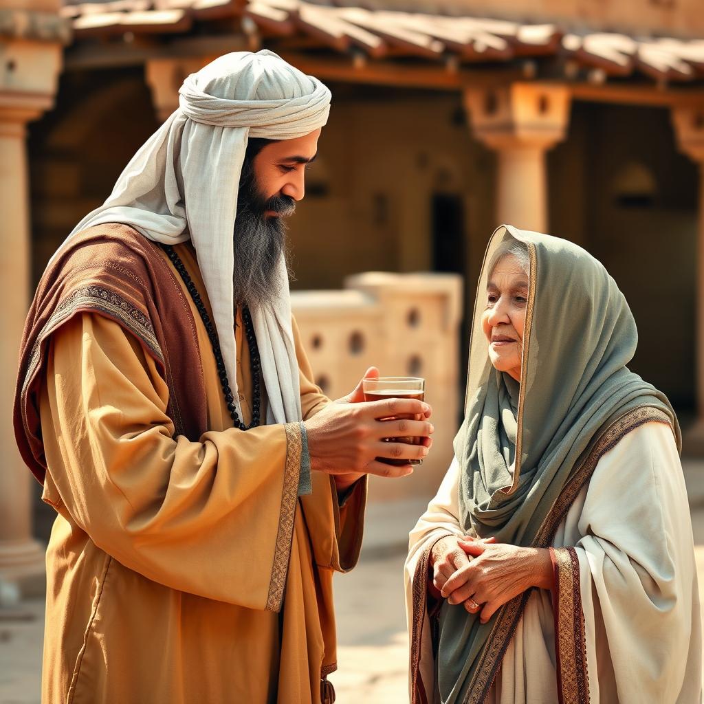 A bearded Muslim man, wearing traditional ancient attire, kindly serving his elderly mother who is modestly veiled