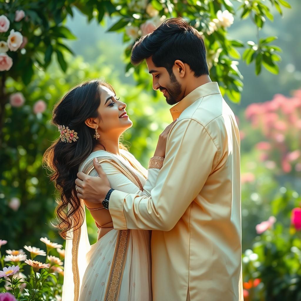 A tender and romantic scene depicting a couple in traditional Pakistani attire, embracing intimately in a picturesque garden