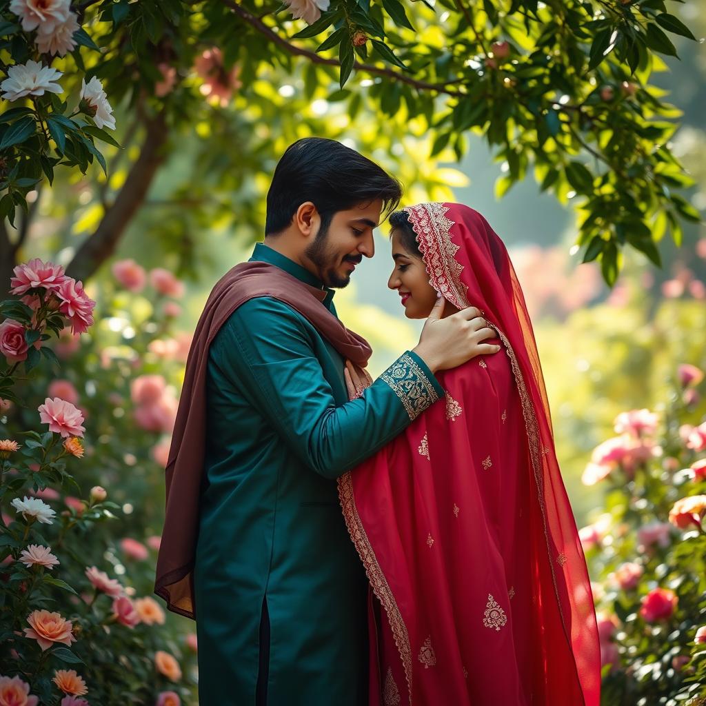 A tender and romantic scene depicting a couple in traditional Pakistani attire, embracing intimately in a picturesque garden