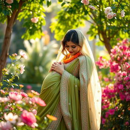 A tender and romantic scene depicting a couple in traditional Pakistani attire, embracing intimately in a picturesque garden