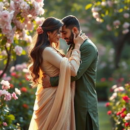 A tender and romantic scene depicting a couple in traditional Pakistani attire, embracing intimately in a picturesque garden