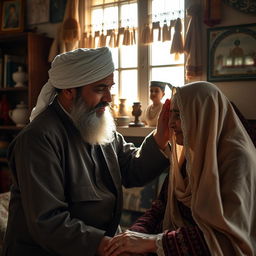 A bearded Muslim man in traditional, old-fashioned attire is tending to his elderly mother, who is dressed in a veil