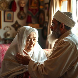 A bearded Muslim man in traditional, old-fashioned attire is tending to his elderly mother, who is dressed in a veil