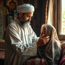 A bearded Muslim man in traditional, old-fashioned attire is tending to his elderly mother, who is dressed in a veil