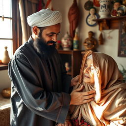 A bearded Muslim man in traditional, old-fashioned attire is tending to his elderly mother, who is dressed in a veil