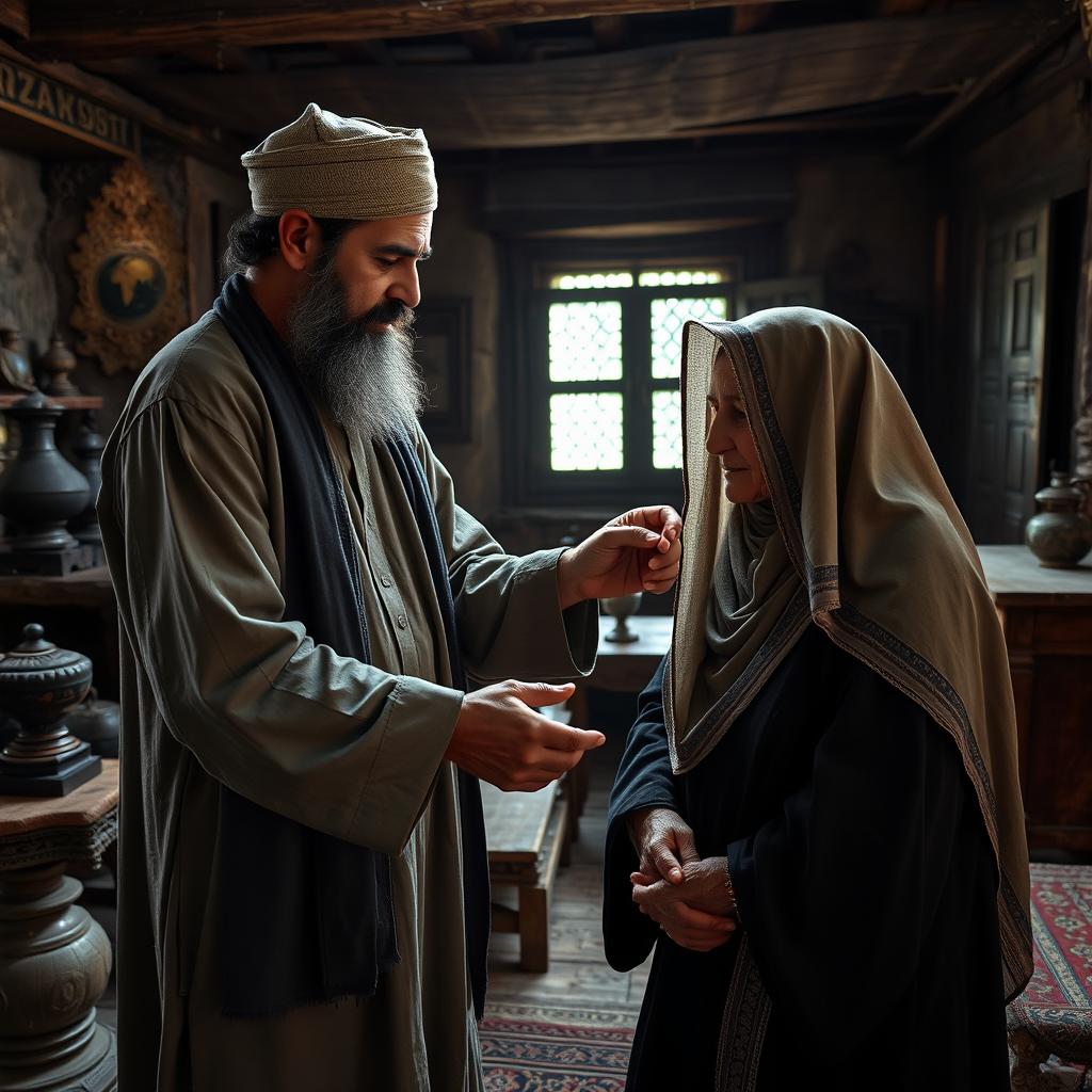 A bearded Muslim man dressed in traditional, old-fashioned clothing attentively serves and helps his elderly mother, who is wearing classic veiled attire