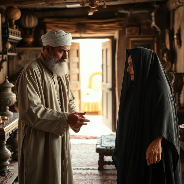 A bearded Muslim man dressed in traditional, old-fashioned clothing attentively serves and helps his elderly mother, who is wearing classic veiled attire