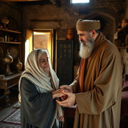 A bearded Muslim man dressed in traditional, old-fashioned clothing attentively serves and helps his elderly mother, who is wearing classic veiled attire