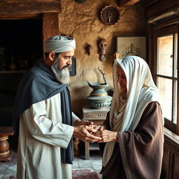 A bearded Muslim man dressed in traditional, old-fashioned clothing attentively serves and helps his elderly mother, who is wearing classic veiled attire