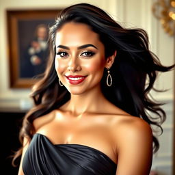 Glamorous portrait of a confident, attractive woman with long flowing hair, wearing a stylish evening gown