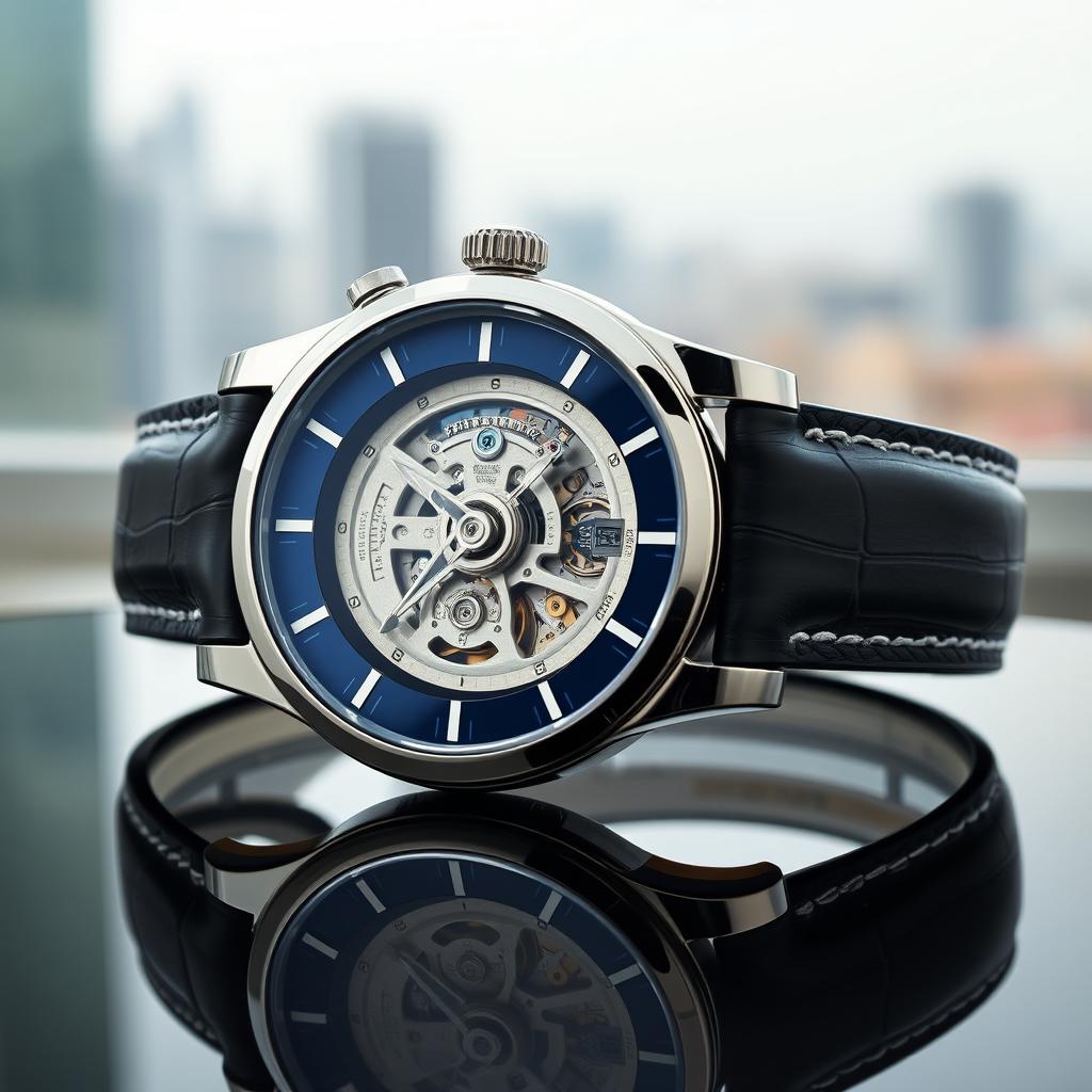 A beautifully designed luxury wristwatch with a complex and intricate mechanical movement visible through a transparent sapphire crystal case back