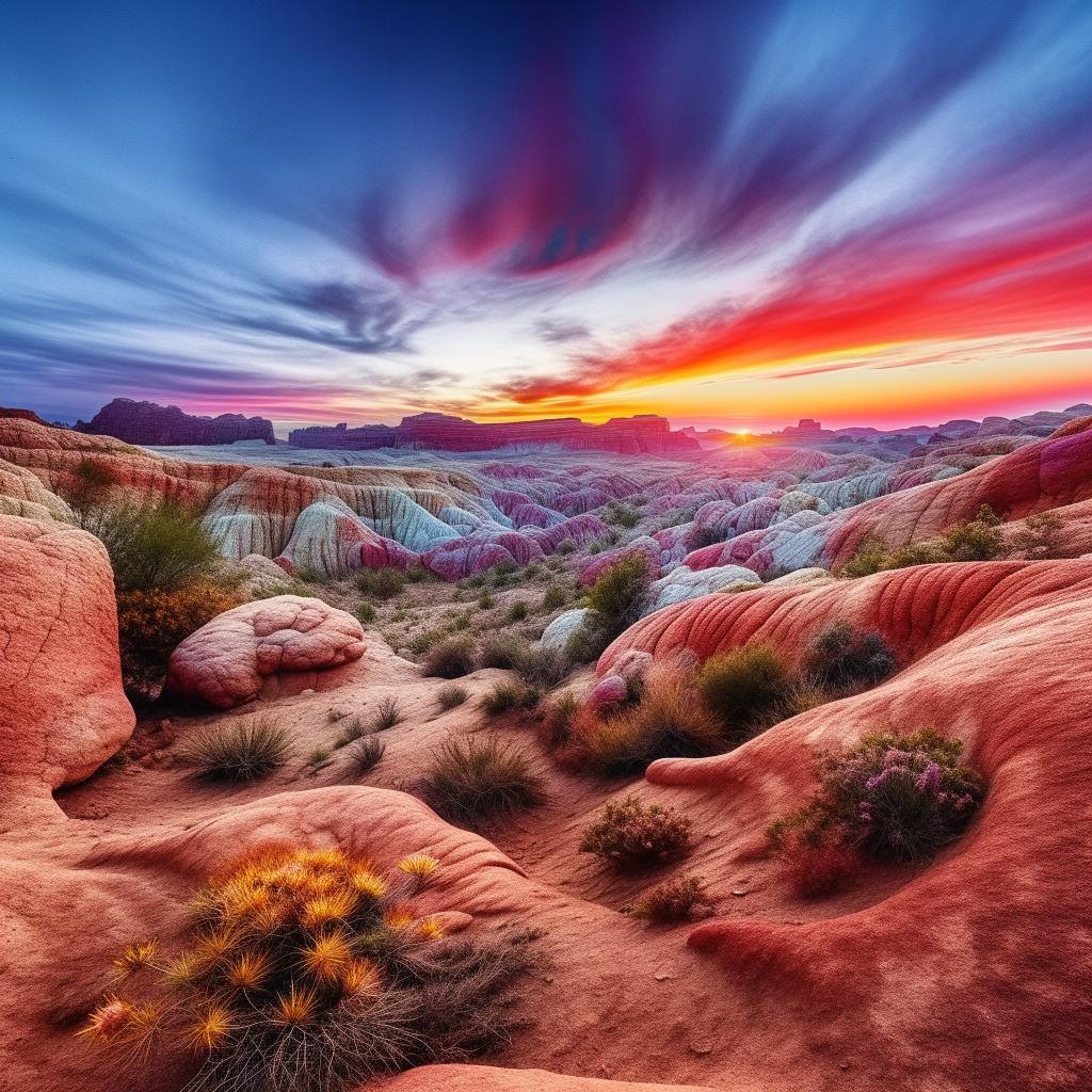 Generate an image of a breathtaking landscape considered the most amazing place on earth, with vibrant colors, diverse flora, stunning geographical features and a breathtaking sunset.