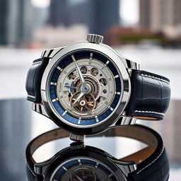 A beautifully designed luxury wristwatch with a complex and intricate mechanical movement visible through a transparent sapphire crystal case back