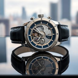 A beautifully designed luxury wristwatch with a complex and intricate mechanical movement visible through a transparent sapphire crystal case back