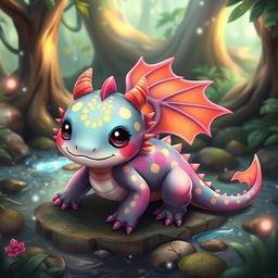 A cute dragon-axolotl hybrid character, featuring vibrant, colorful scales resembling a dragon's wings, while maintaining the adorable features and innocent eyes of an axolotl