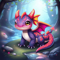 A cute dragon-axolotl hybrid character, featuring vibrant, colorful scales resembling a dragon's wings, while maintaining the adorable features and innocent eyes of an axolotl