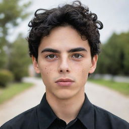 A slim, fair-skinned boy with big almond-shaped eyes, wavy black hair, thick eyebrows, freckles on his face, thick lips, and wearing a black blouse.