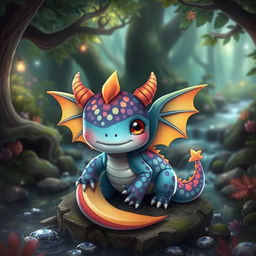 A cute dragon-axolotl hybrid character, featuring vibrant, colorful scales resembling a dragon's wings, while maintaining the adorable features and innocent eyes of an axolotl